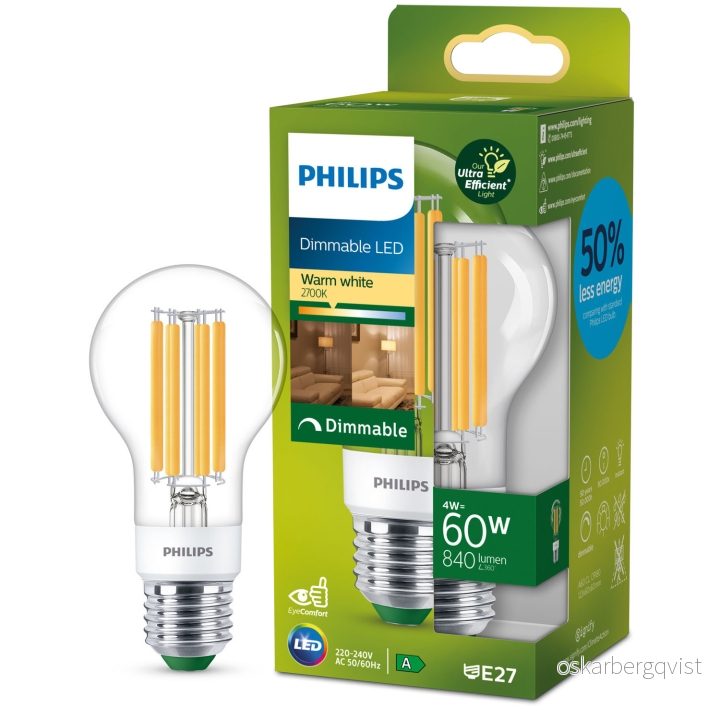 Philips LED E27 Normal 4W (60W) Klar Dimbar 840lm 2700K Energiklasse A v:6351117