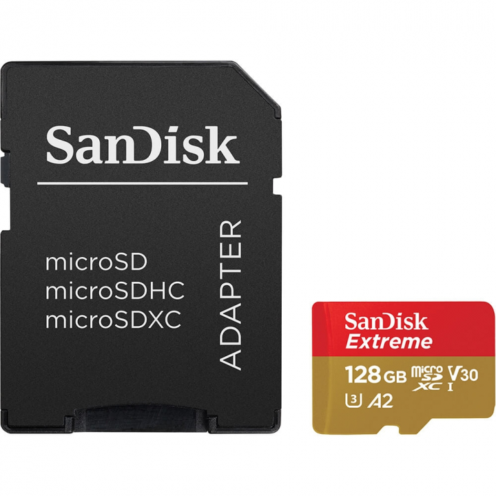 MicroSDXC Extreme 128 GB 190 MB/s A2 C10 V30 med adapter v:9813468 MicroSDXC Extreme 128 GB 190 MB/s A2 C10 V30 med adapter v:9813468