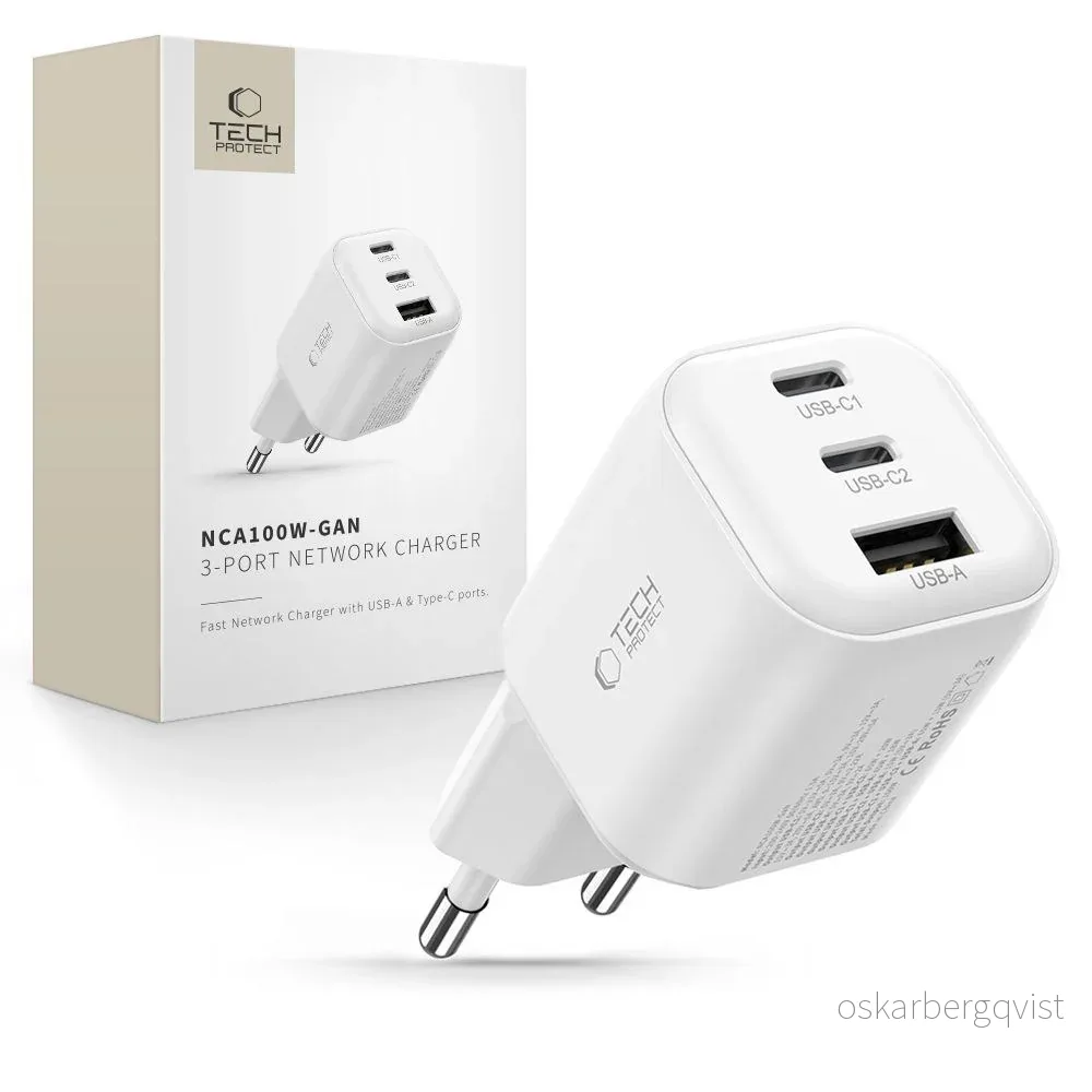 Tech-Protect 100W Vegglader - 1 x USB-A - 2 x USB-C - Hvit v:2395354