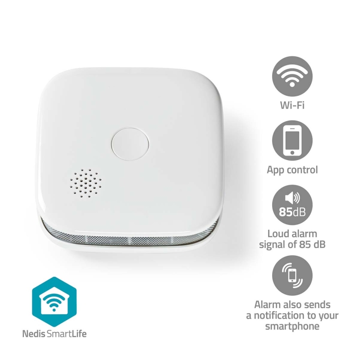 Nedis SmartLife Røykvarsler | Wi-Fi | Batteri drevet | Sensorlivssyklus: 10 år | EN 14604 | Maks. batteri levetid: 24 Måned | 85 dB | Hvit | 1 stk v:8198831