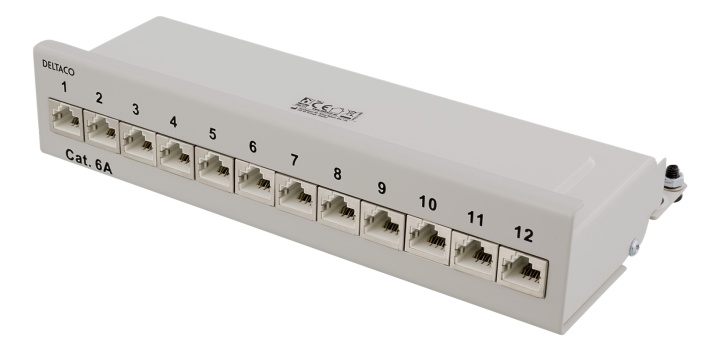 DELTACO Kretspanel, 12xRJ45, Cat6a, veggmonterbart, 10Gbps, grå v:3677458