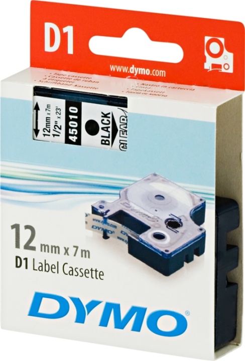 DYMO D1 etikettbånd standard 12 mm, svart på transparent, 7 m rull (45010) v:1619729 DYMO D1 etikettbånd standard 12 mm, svart på transparent, 7 m rull (45010) v:1619729