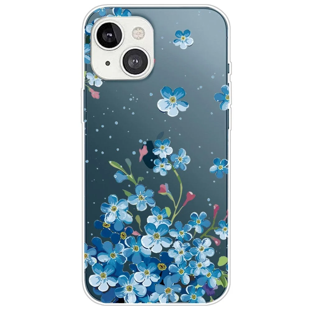 iPhone 14 Fleksibel TPU Plast Bakdeksel - Gjennomsiktig m. Blå Blomste v:4486936