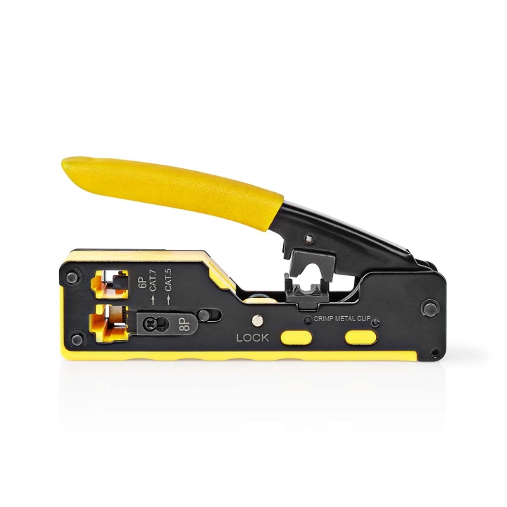 Nedis Crimp pliers | CAT5 / CAT5e / CAT6 / CAT6a / CAT7 / RJ12 / RJ45 | Cutting / Plier / Stripping | Gummi / Stål | Gul / Sort v:4364055