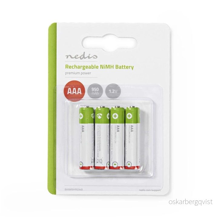 Nedis Oppladbare Ni-MH batteri AAA | 1.2 V DC | 950 mAh | Forhånds ladet | 4-Pakke v:6861763 Nedis Oppladbare Ni-MH batteri AAA | 1.2 V DC | 950 mAh | Forhånds ladet | 4-Pakke v:6861763