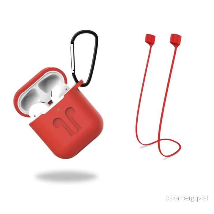Beskyttelsesetui i silikon med hodetelefonstropp og anheng for Apple Airpods, rød v:3966068