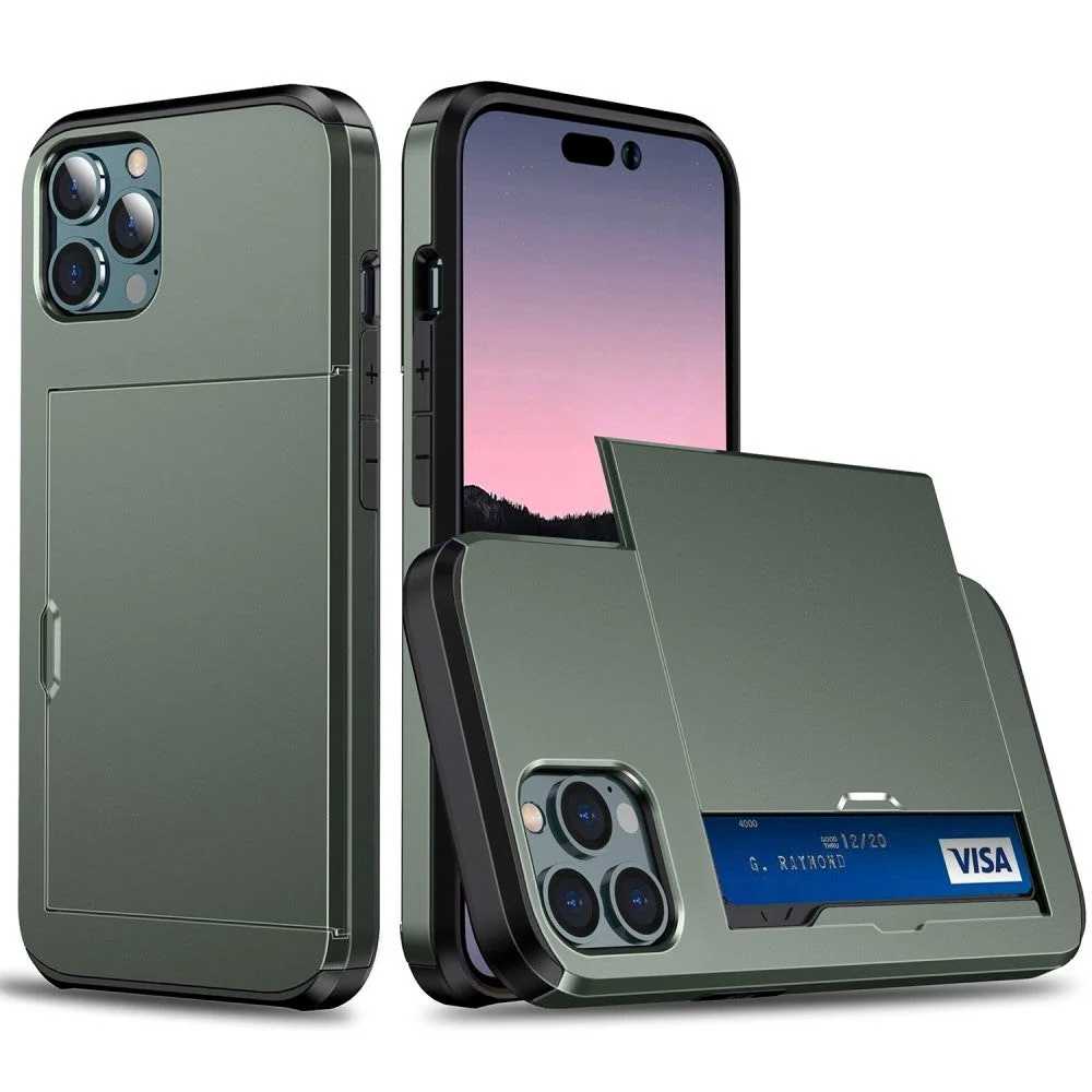 iPhone 14 Pro Drop Proof Deksel m. Lommebok - Militærgrønn v:395367