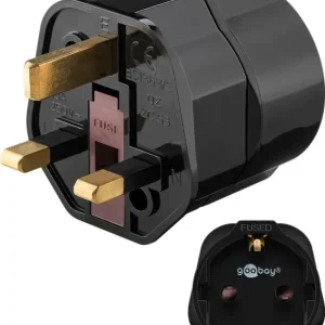 Goobay Nettadapter UK, svart stikkontakt med jording (type F, CEE 7/3) > UK 3-polet støpsel (type G, BS 8546) v:7540733 Goobay Nettadapter UK, svart stikkontakt med jording (type F, CEE 7/3) > UK 3-polet støpsel (type G, BS 8546) v:7540733