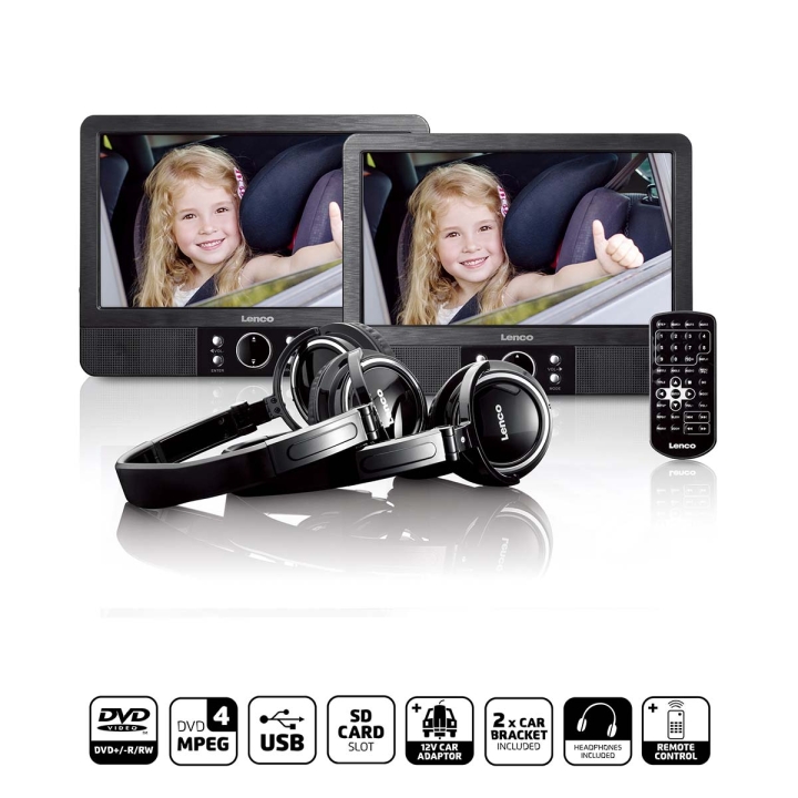 Lenco 9 tommers DVD-dobbeltskjerm med braketter og hodetelefoner Svart v:8624940 Lenco 9 tommers DVD-dobbeltskjerm med braketter og hodetelefoner Svart v:8624940