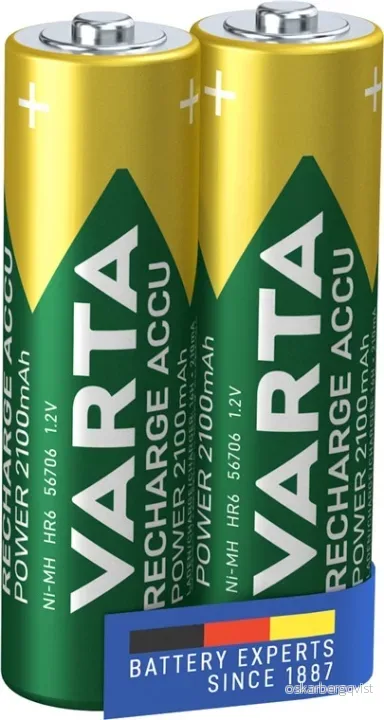 Varta AA (Mignon)/HR6 (56706) oppladbart batteri – 2100 mAh, 2 stk. blister med lav selvutlading NiMH-batteri (Ready-to-Use), 1,2 V v:5073136