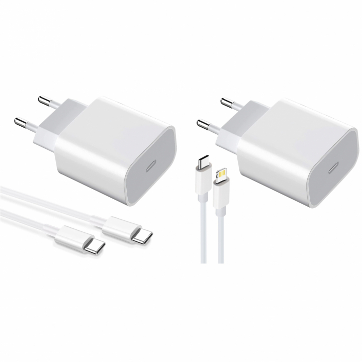 2-pakningslader for iPhone/Android 20W med USB-C til Lightning og USB-C – hurtiglader v:2229123 2-pakningslader for iPhone/Android 20W med USB-C til Lightning og USB-C – hurtiglader v:2229123