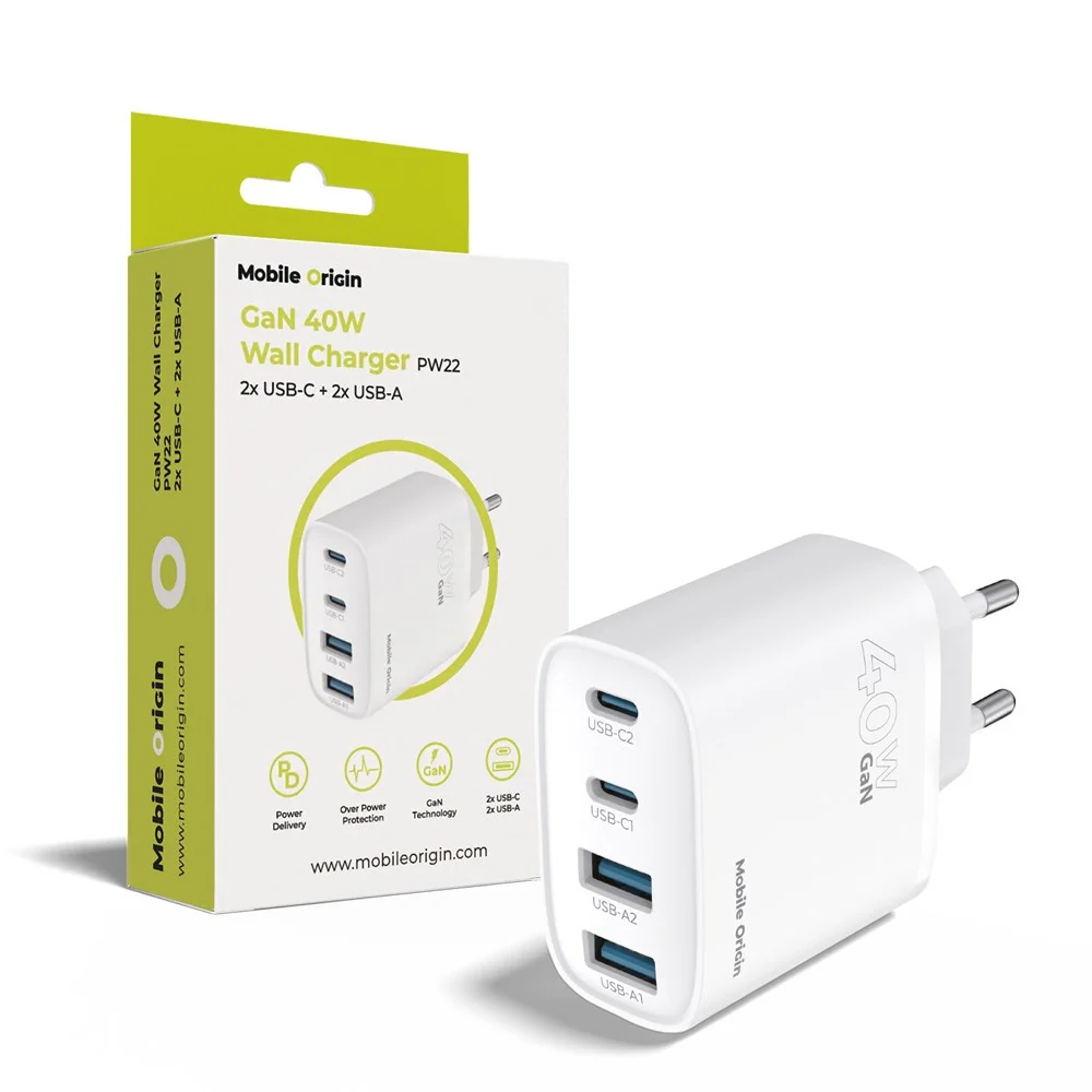 Mobile Origin GaN 40W Vegglader m. 2 x USB-A & 2 x USB-C – Hvit v:7707836 Mobile Origin GaN 40W Vegglader m. 2 x USB-A & 2 x USB-C – Hvit v:7707836