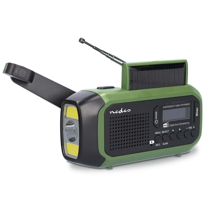 Nedis Nødradio | Bærbar design | DAB+ / FM | Batteri drevet / Hånd sveiv / Solar Powered / USB-Strøm | Vekkeklokke funksjon | Grøn / Sort v:1747084 Nedis Nødradio | Bærbar design | DAB+ / FM | Batteri drevet / Hånd sveiv / Solar Powered / USB-Strøm | Vekkeklokke funksjon | Grøn / Sort v:1747084