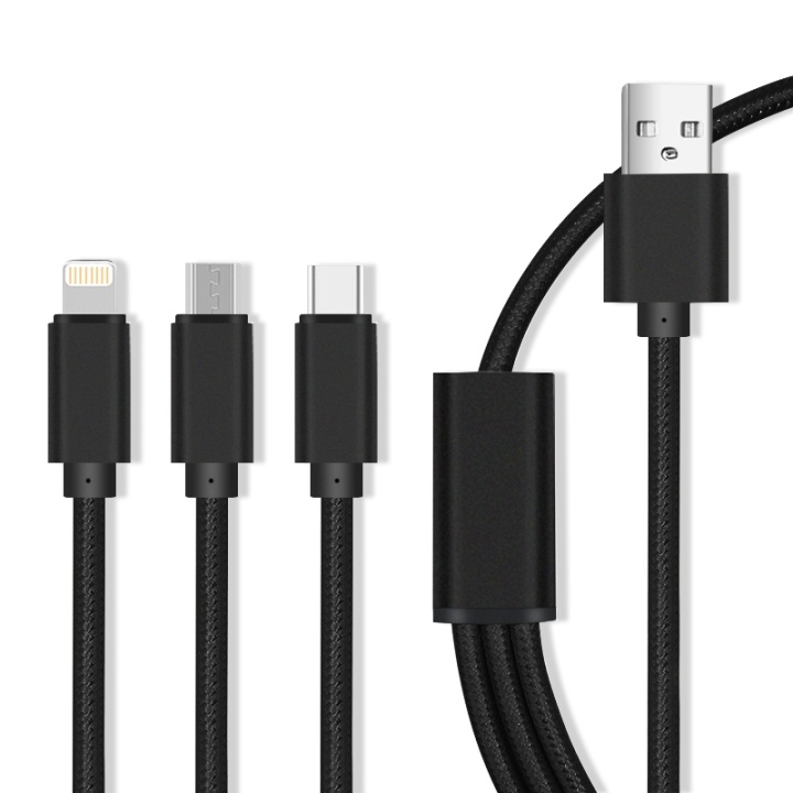3-i-1 USB-hurtigladekabel – microUSB/USB-C/Lightning (2,1 A), svart v:1693191