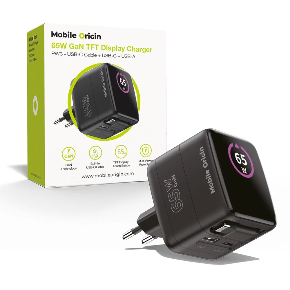 Mobile Origin GaN 65W Display Vegglader m. 1 x USB-A / 1 x USB-C / 1 x v:4852876 Mobile Origin GaN 65W Display Vegglader m. 1 x USB-A / 1 x USB-C / 1 x v:4852876