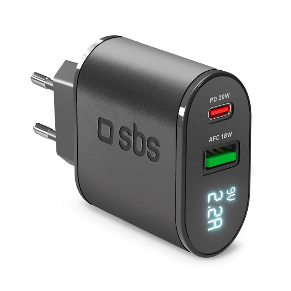 SBS 20W LCD Skjerm Vegglader med USB-C PD & USB-A AFC – Svart v:3662783 SBS 20W LCD Skjerm Vegglader med USB-C PD & USB-A AFC – Svart v:3662783