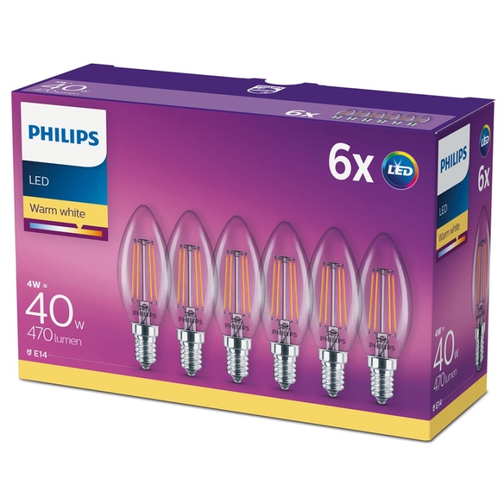 Philips 6-pakning LED E14 Crown 4W (40W) Clear 470lm v:7672776 Philips 6-pakning LED E14 Crown 4W (40W) Clear 470lm v:7672776