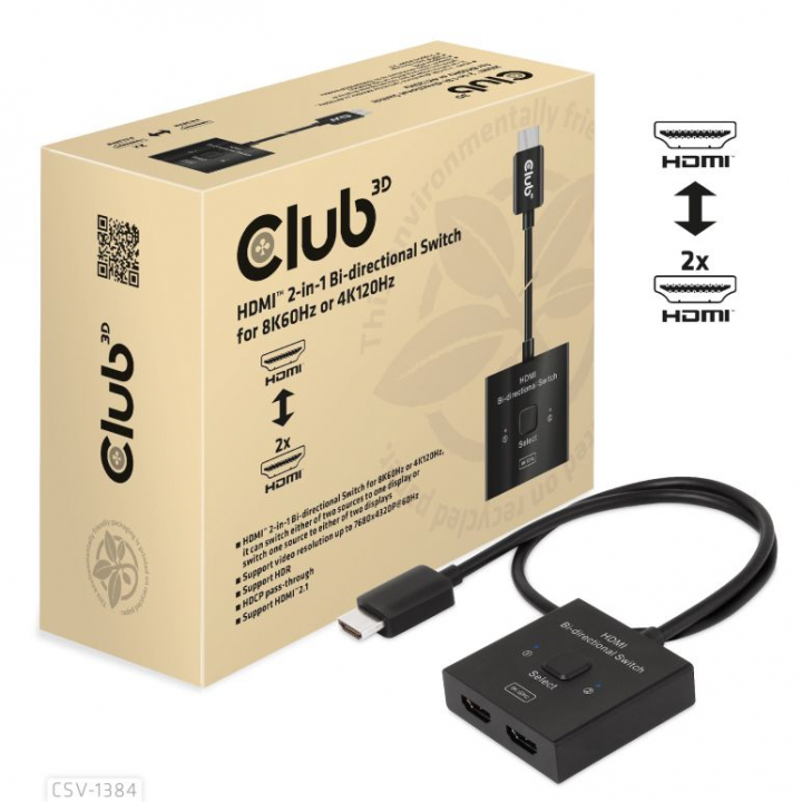 Club 3D HDMI 2-i-1 dobbeltrettet bryter for 8K60Hz eller 4K120Hz v:2769708 Club 3D HDMI 2-i-1 dobbeltrettet bryter for 8K60Hz eller 4K120Hz v:2769708
